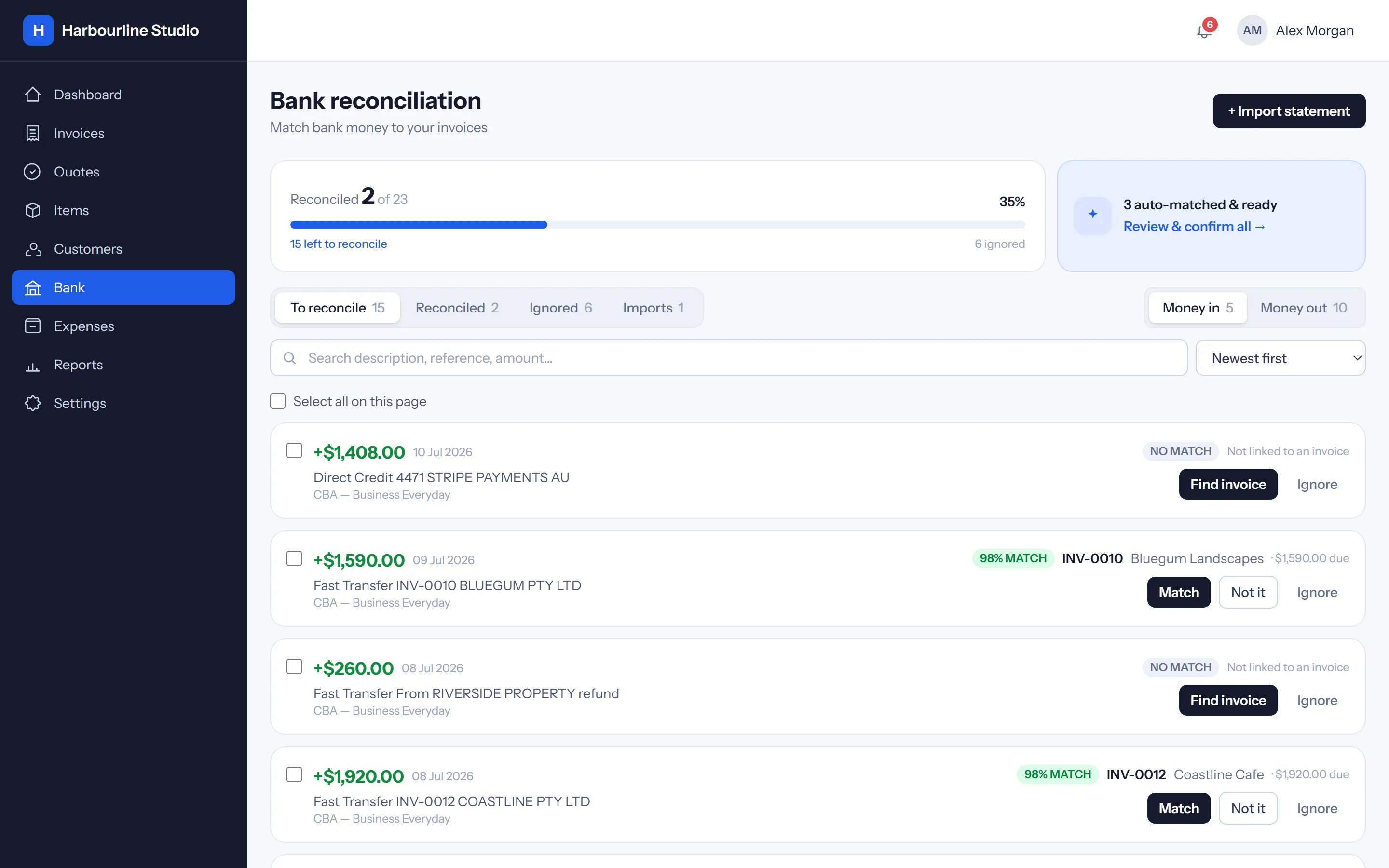 Aero bank reconciliation screen matching incoming payments to invoices with 98% match suggestions
