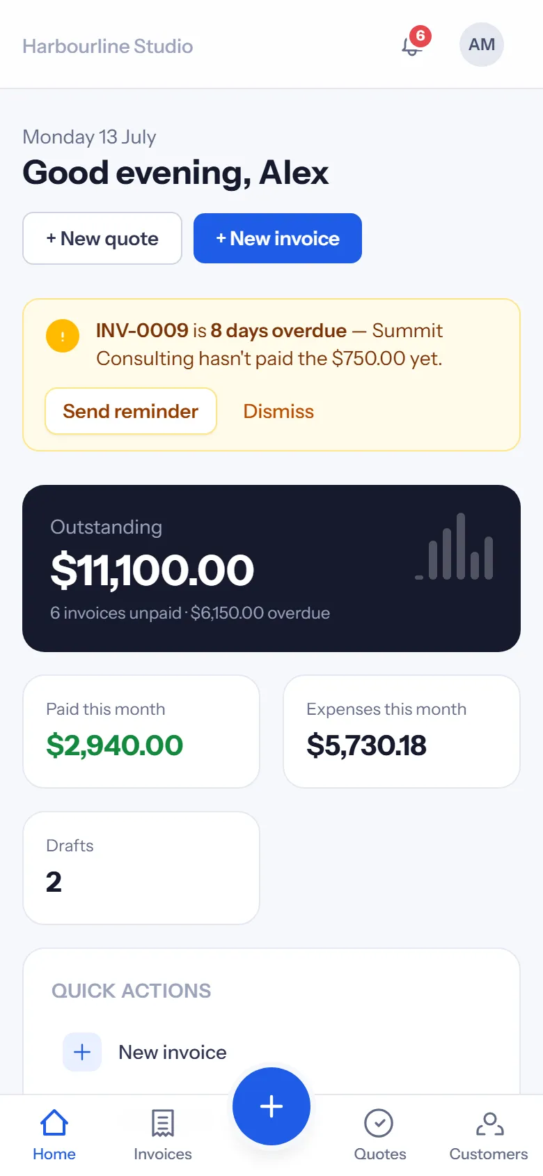 Aero on a phone: dashboard with outstanding total, quick actions and bottom navigation