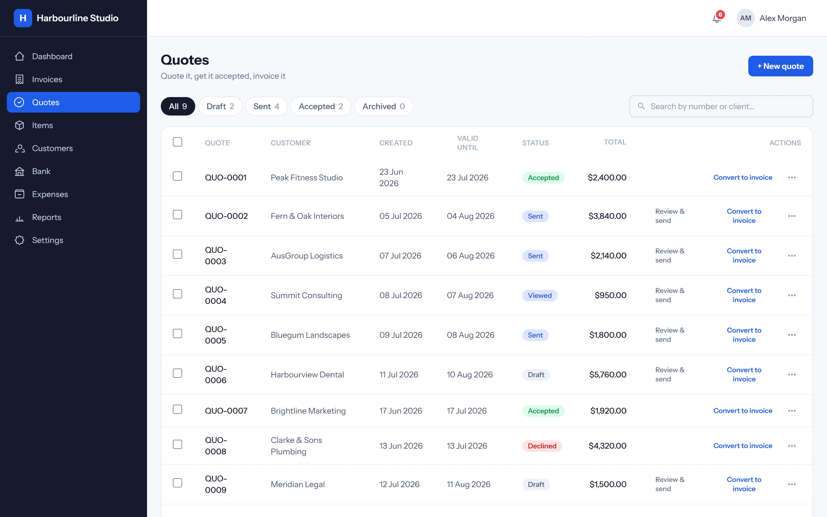 Aero quotes list showing sent, viewed and accepted quotes with convert-to-invoice actions
